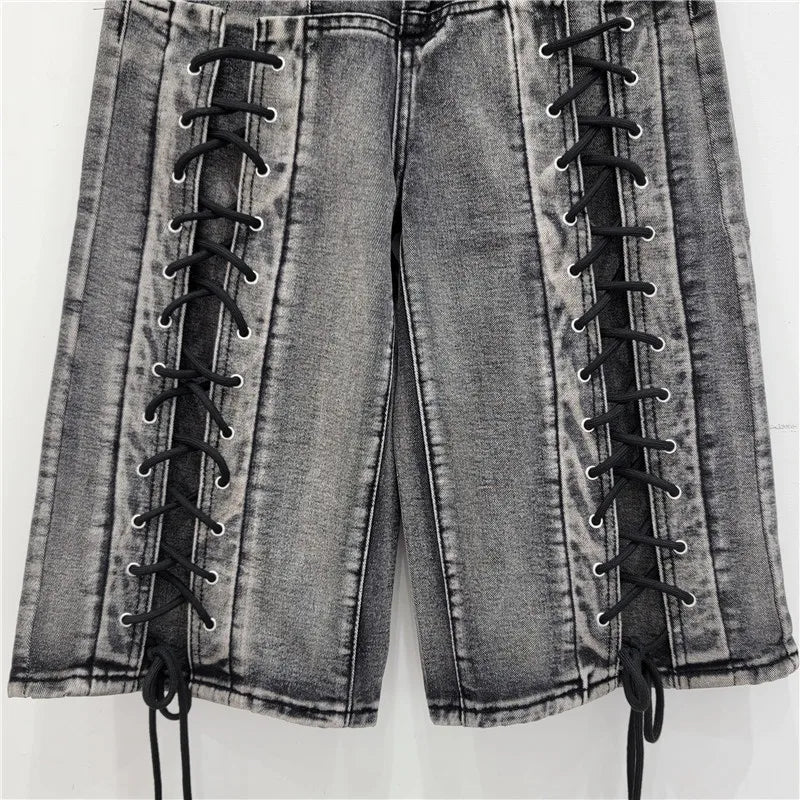 Denim Drawstring Women's Criss-Cross Pattern Lace-Up High Waist Wide Leg Cargo Jean Shorts