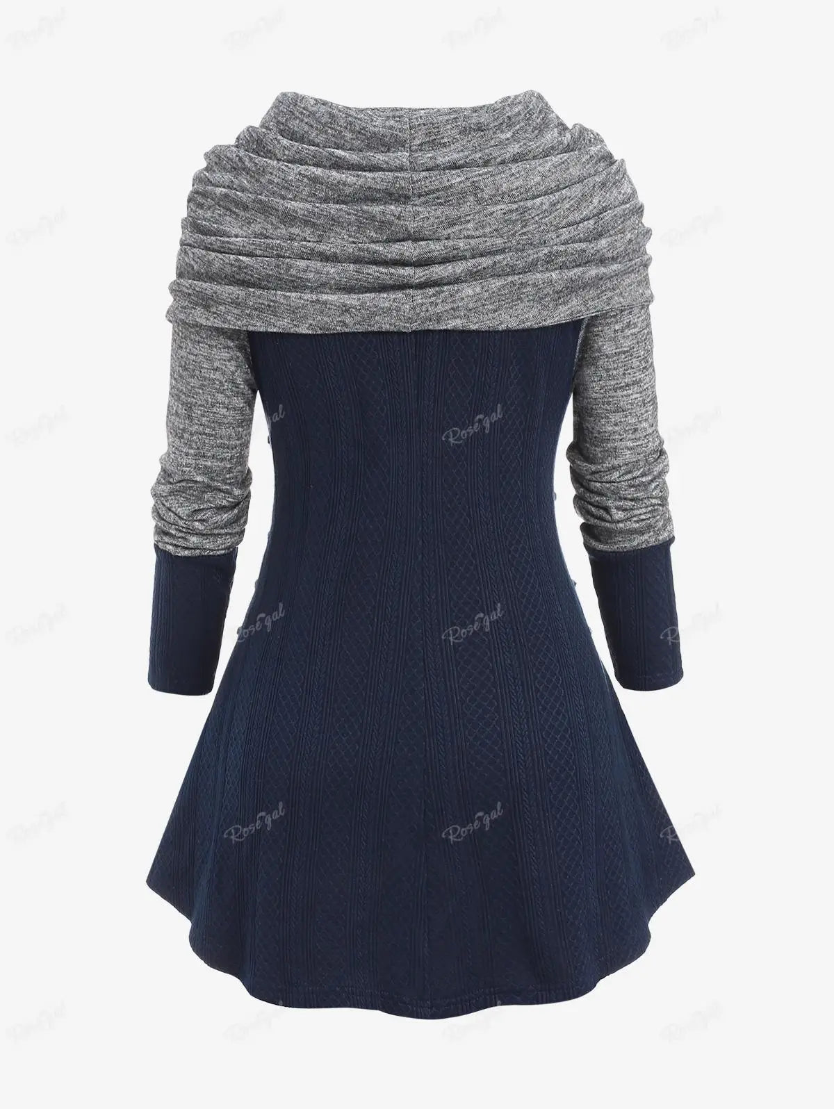 Patchwork Colorblock Ruched Turn-Down Collar Lace-Up Cable Knitted Pullover Mini Sweater Dress to 4X