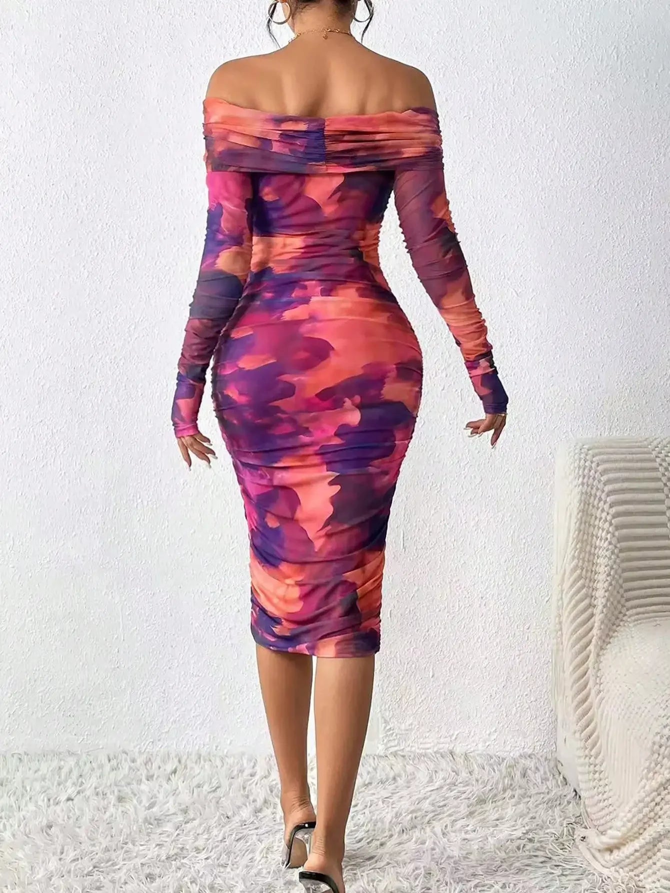 Tie-Dye Long Sleeve Ruched Off-the-Shoulder Bodycon Midi Dress