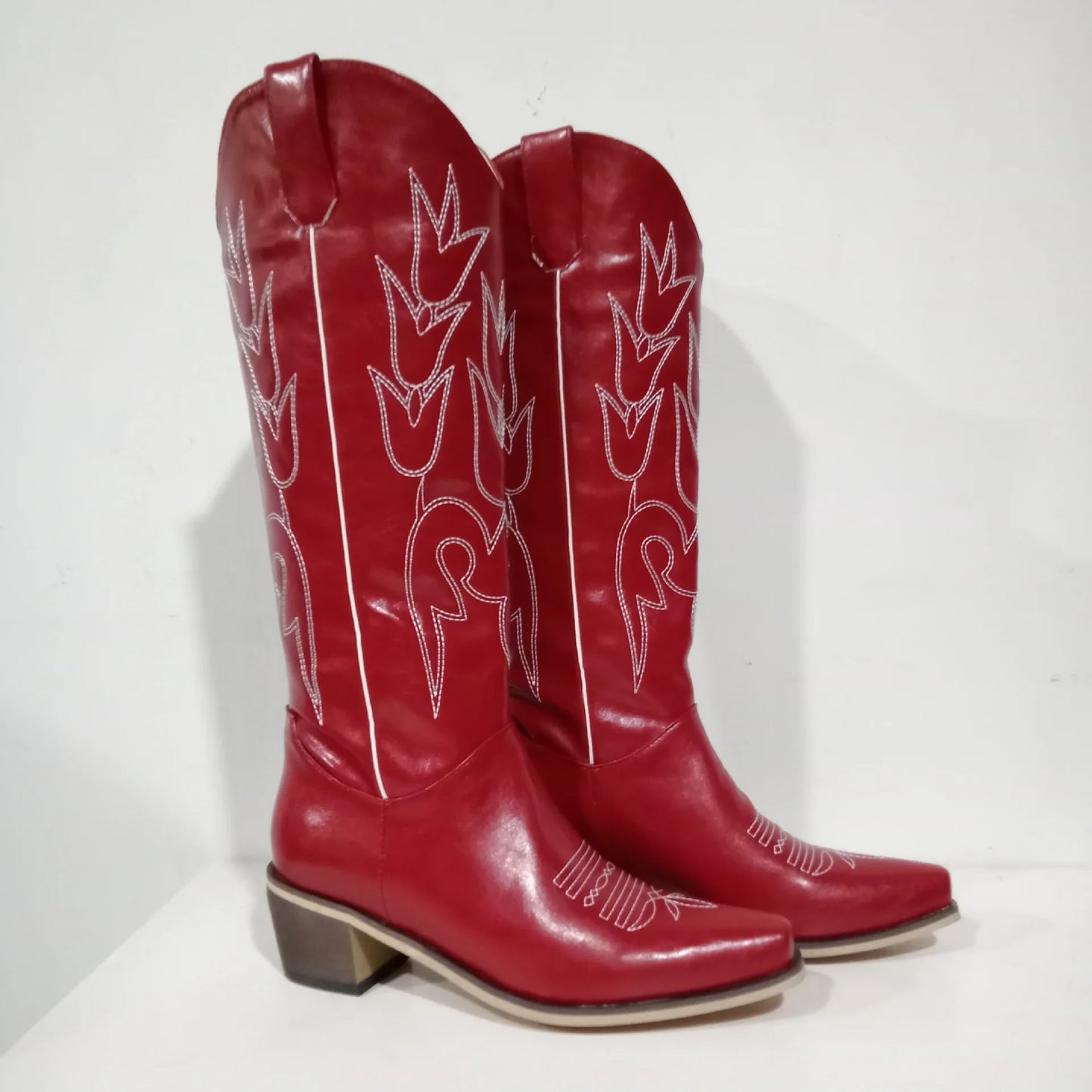 Embroidered Western Knee-High Women's Size Zipper Cowgirl Chunky Heel Platform Boots