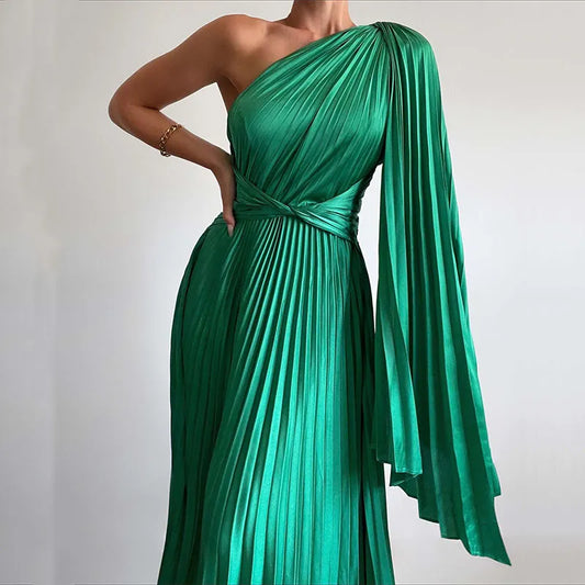 Asymmetrical One Shoulder Oblique Collar Pleated Formal Party Dress w/ Long Sash