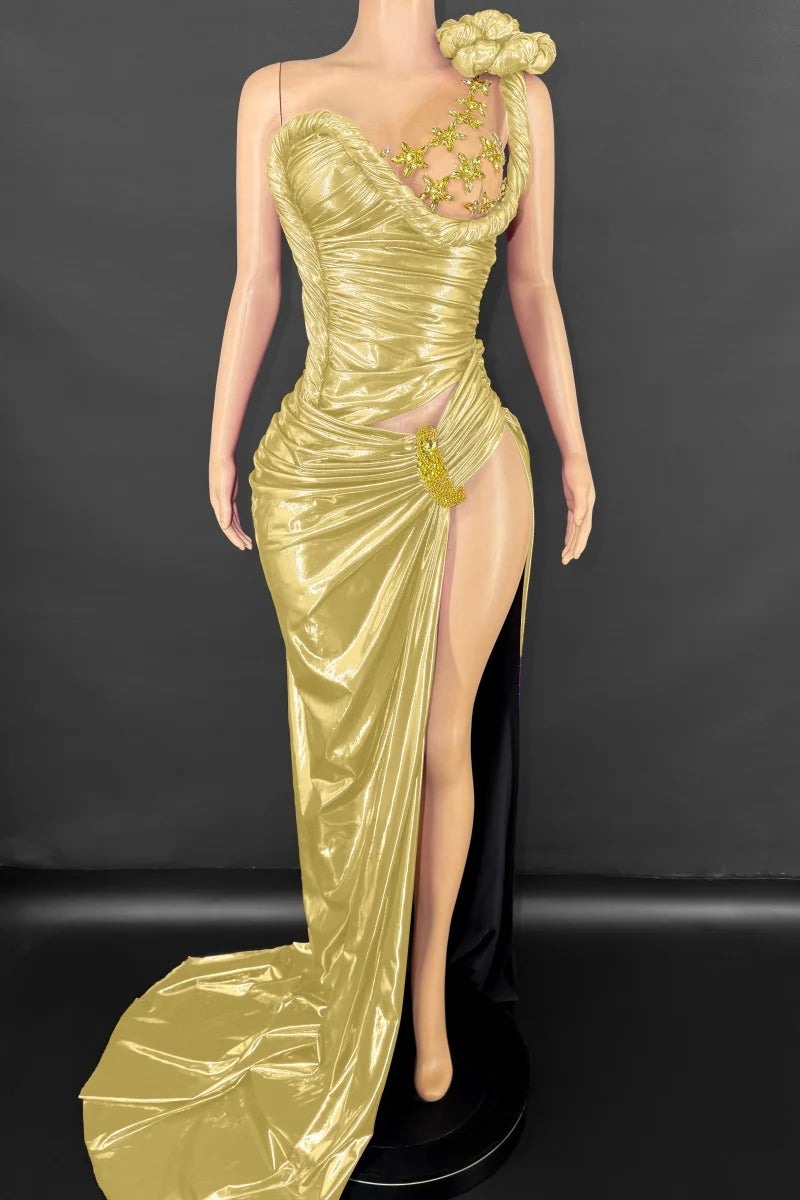 Irregular Sleeveless Ruched Faux Leather Rhinestone Asymmetrical Sexy One Sleeve High Slit Floor-Length Maxi Bodycon Formal Party/Prom Dress