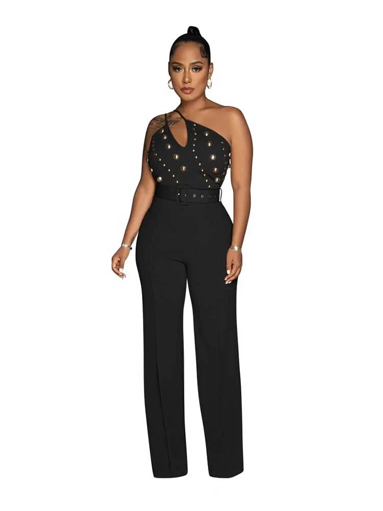 Stud Hollow-Out Design Sleeveless Asymmetrical One Shoulder Women's Backless Party Jumpsuit