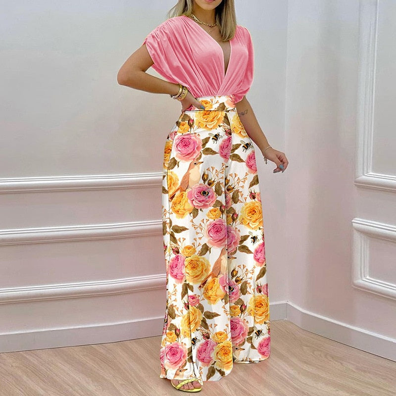 Floral V-Neck Printed Wide Leg Jumpsuit