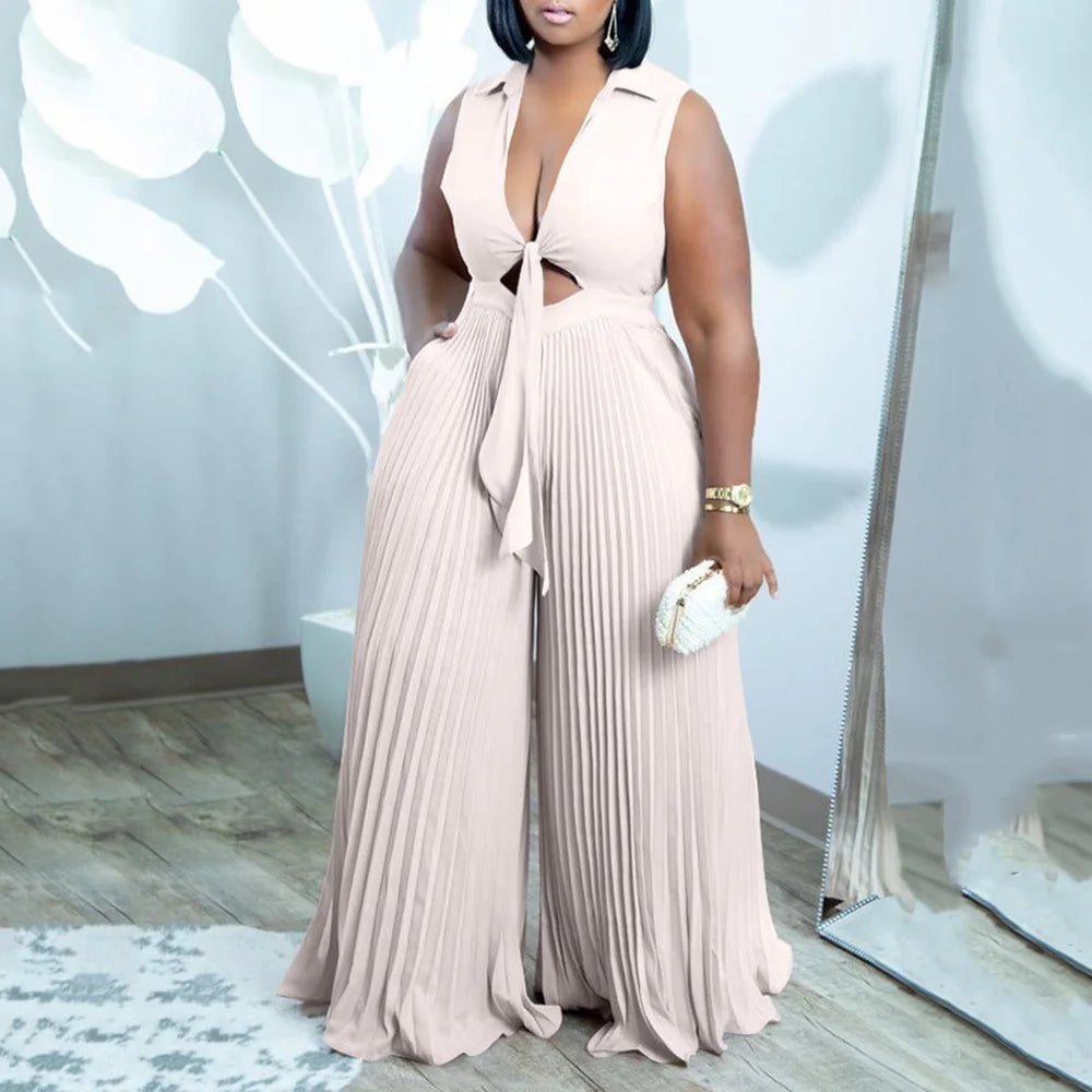 Pleated Hollow-Out Turn Down Collar V-Neck Sleeveless Floor Length Jumpsuit to 3X Plus Size