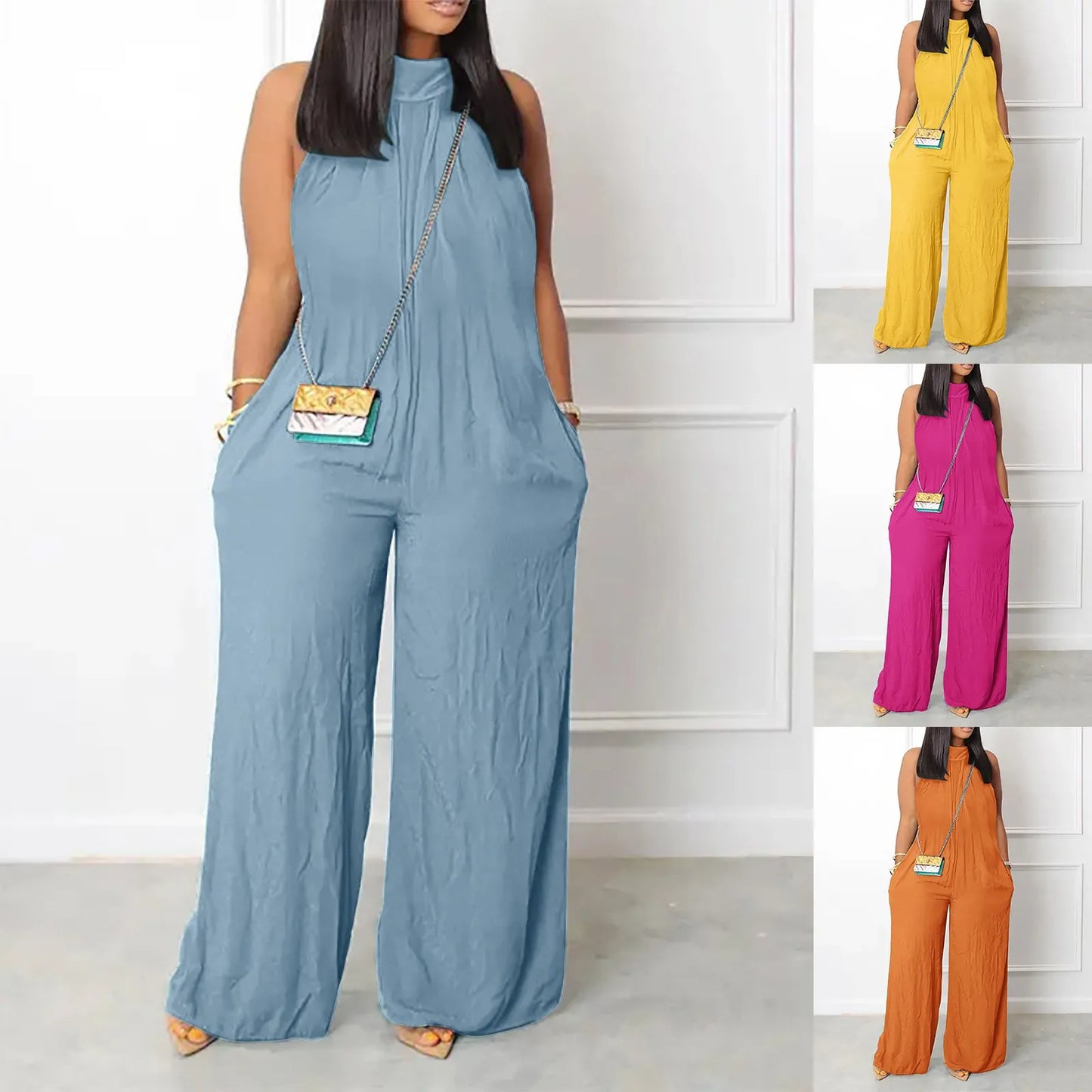 Solid Color Sleeveless Loose Wide Leg Overall Harem Pant Romper w/ Pockets