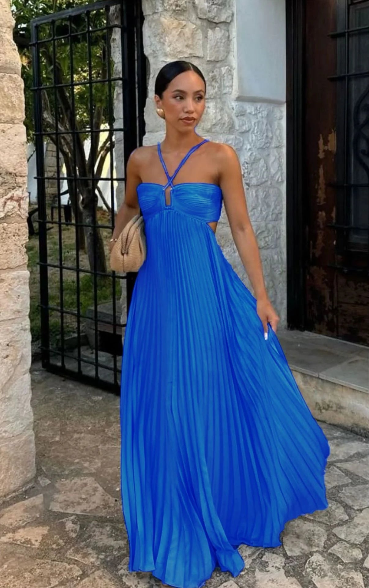 Pleated Halter Spaghetti Strap Backless Sleeveless Beach Maxi Dress