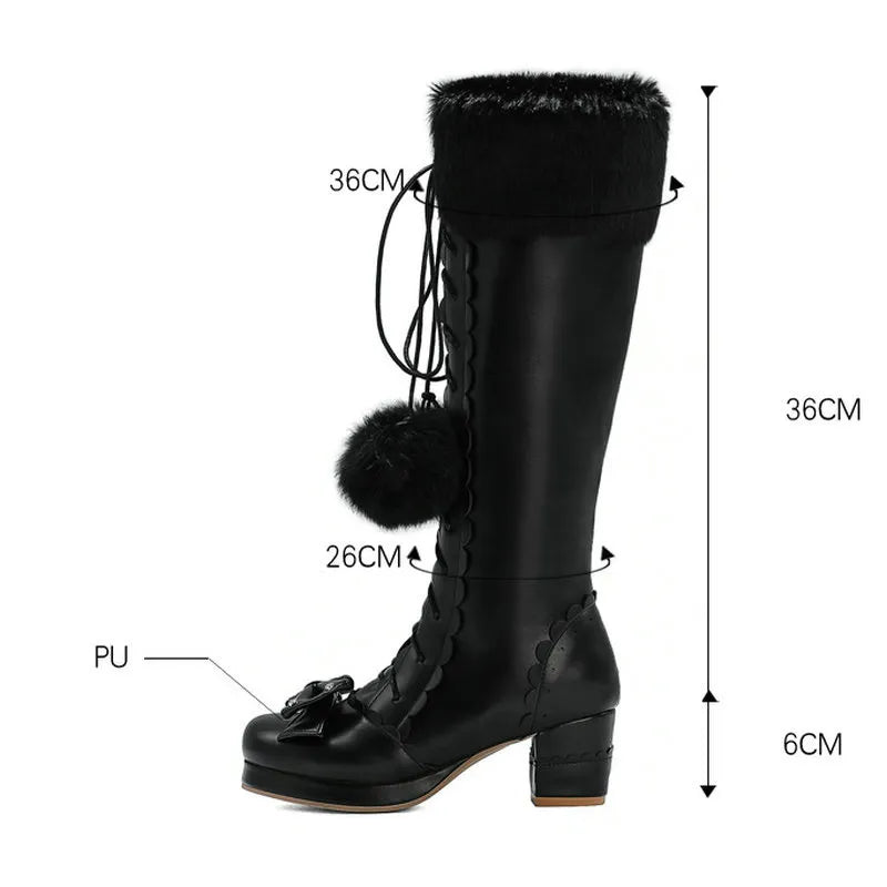 Bowtie PomPom Faux Fur Lace Up Thick Heel Side Zipper PU Leather Boots