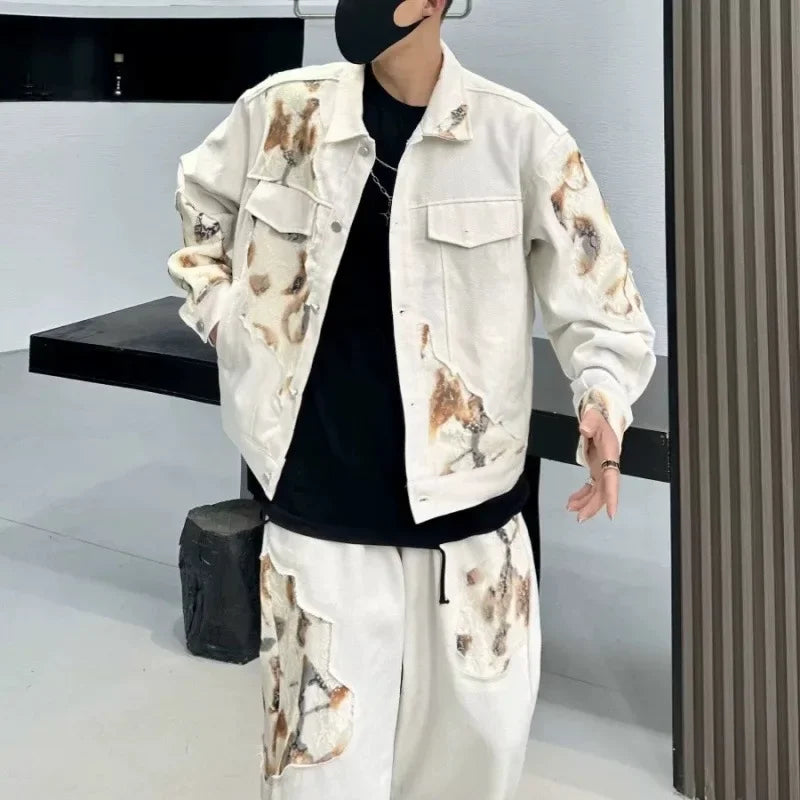 Men's White/Brown Tie-Dye Fire Print Spliced Design Cropped Jean Jacket + Baggy Straight Leg Jeans 2-Piece Set
