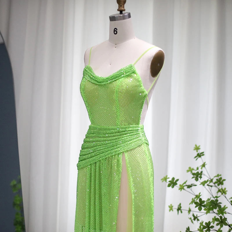 Neon Green Crystal Sheer Mesh Transparent Spaghetti Strap High Slit Mini/Maxi Party Sweep Train Dress