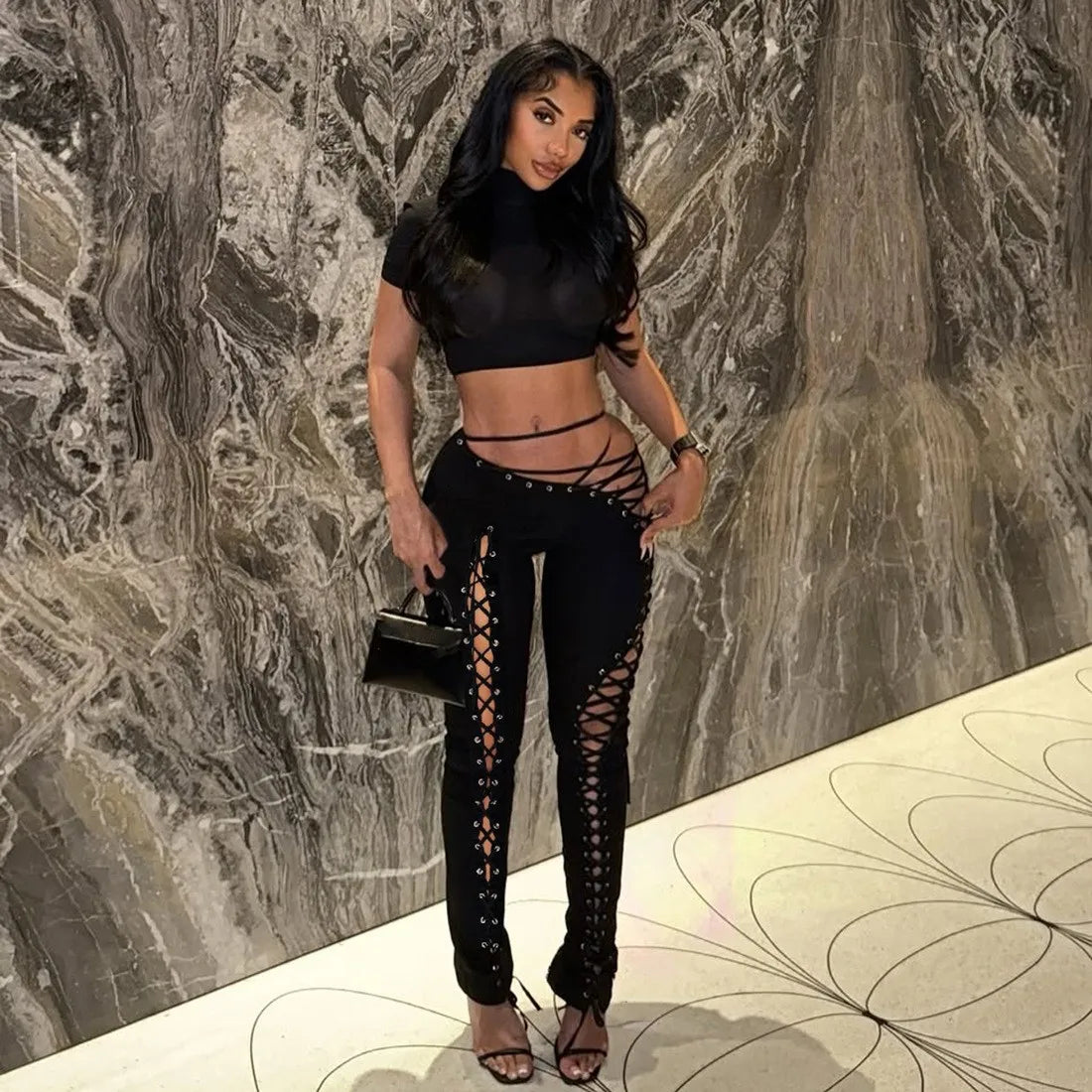 Sexy Women's Sleeveless Crop Tank Top + Criss-Cross Lace-Up Hollow-Out Bandage Leggings 2-Piece Set