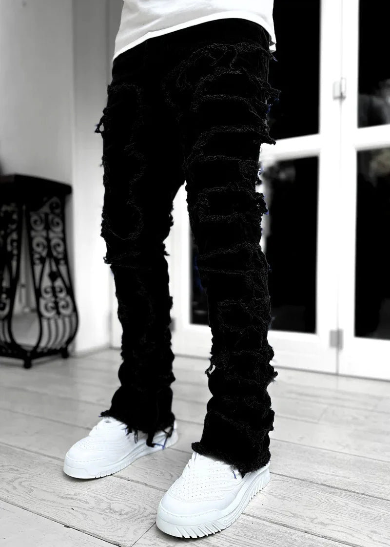 Men's Denim Fringe Ripped Hip-Hop Stretch Stacked Elastic Waist Straight Patchwork Jeans