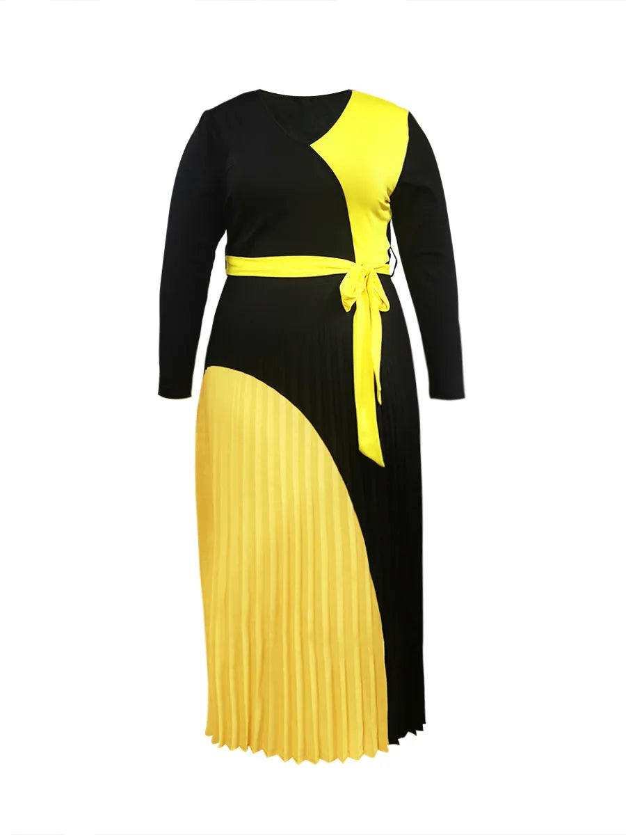 Colorblock Pleated Bandage Tiered Belted Long Sleeve V-Neck Sash Belt Maxi Dress to 5X Plus Size