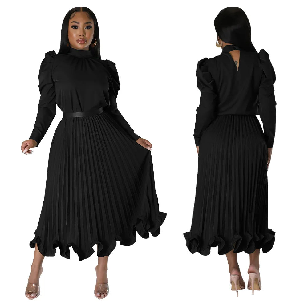 Women’s Solid Color O-Neck Lantern Sleeve Blouse + A-Line Flounce Formal Pleated Maxi Skirt w/ Sash Belt 2-Piece Set