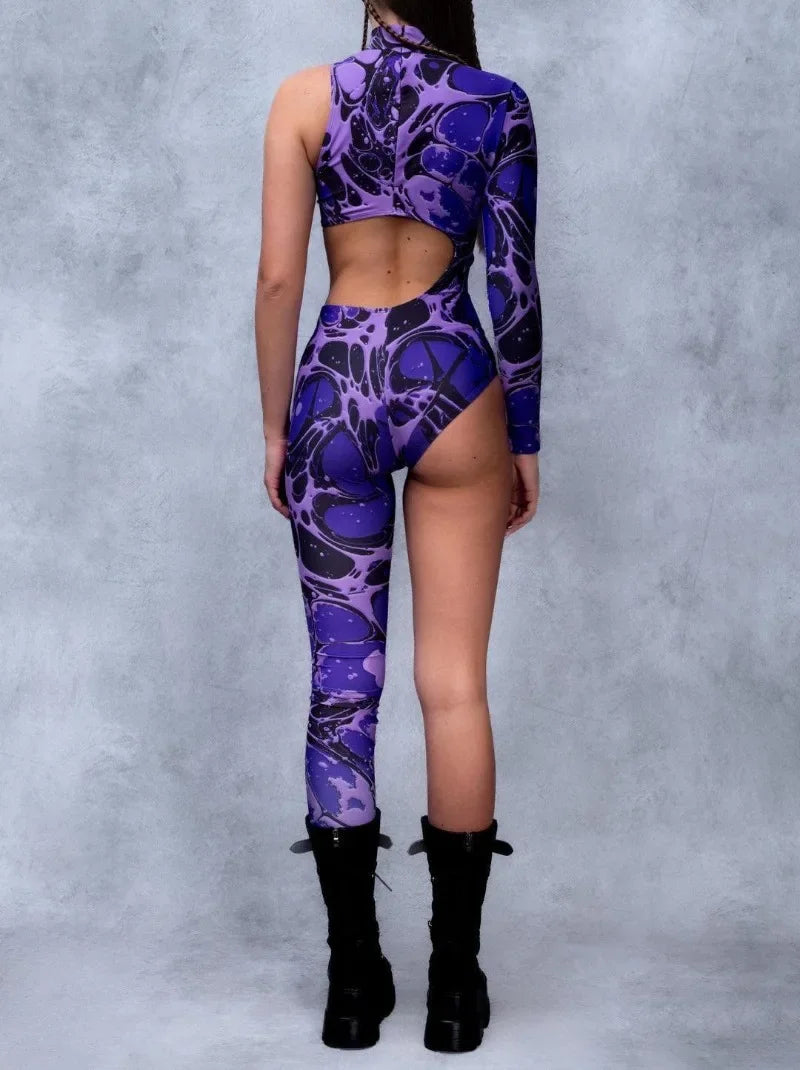 Irregular Asymmetrical One Sleeve Rainbow Geometric Striped Floral Hollow-Out 3D Print One Leg Jumpsuit to 3X Plus Size