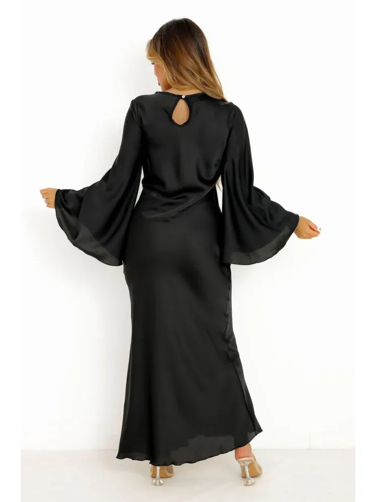 Satin Solid Flared Long Sleeve Maxi Dress