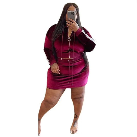 Velvet Side Striped Women's Zipper Hoodie Sweatjacket + Solid Mini Skirt 2-Piece Set to 5X Plus Size