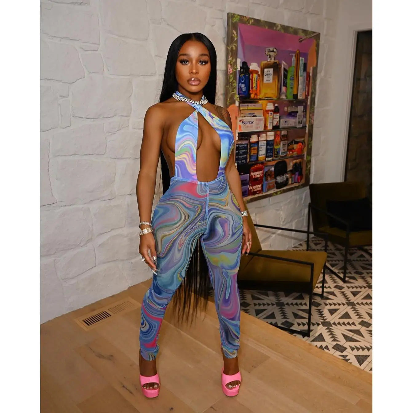 Swirl Print Mesh Sheer Transparent Sleeveless Women's Sexy Hollow-Out Backless Skin Tight Jumpsuit