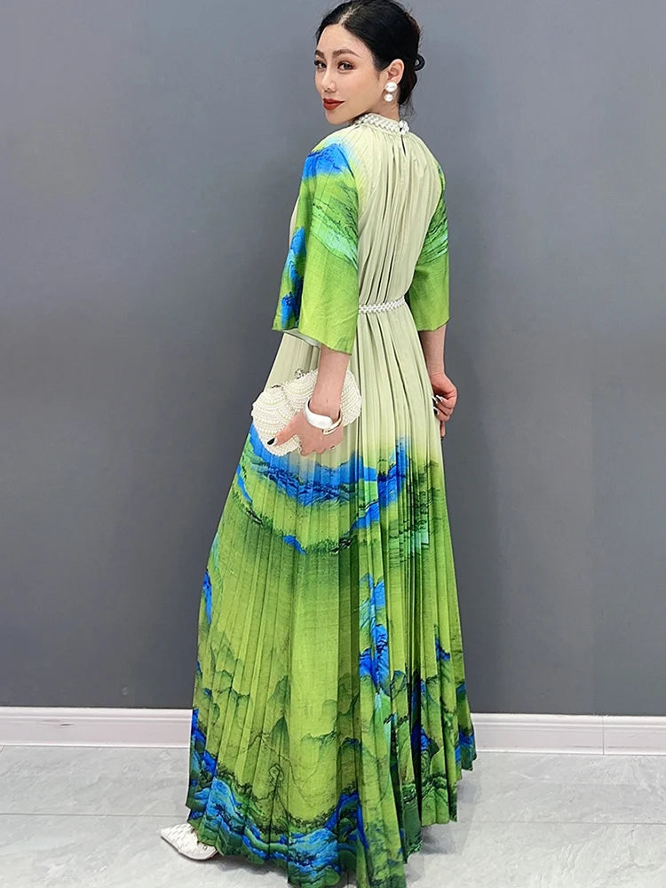 Colorblock Diamond Green Oversized Pleated Short Sleeve Inlaid Maxi Dress