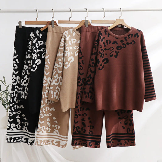 Leopard Print Jacquard Knitted Women's Loose Sweater Top + Straight Pants 2-Piece Set