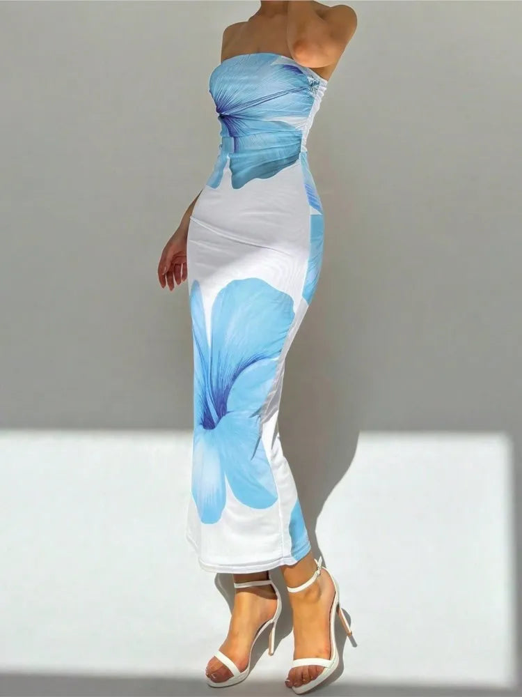 Sleeveless Big Flower Print Bodycon Skinny Maxi Tube Dress