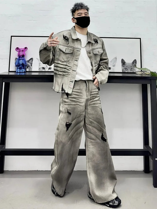 Men's Ripped Grey Gradient Washed Denim Cargo Pocketed Jean Jacket + Loose Wide Leg Jeans Matching Set