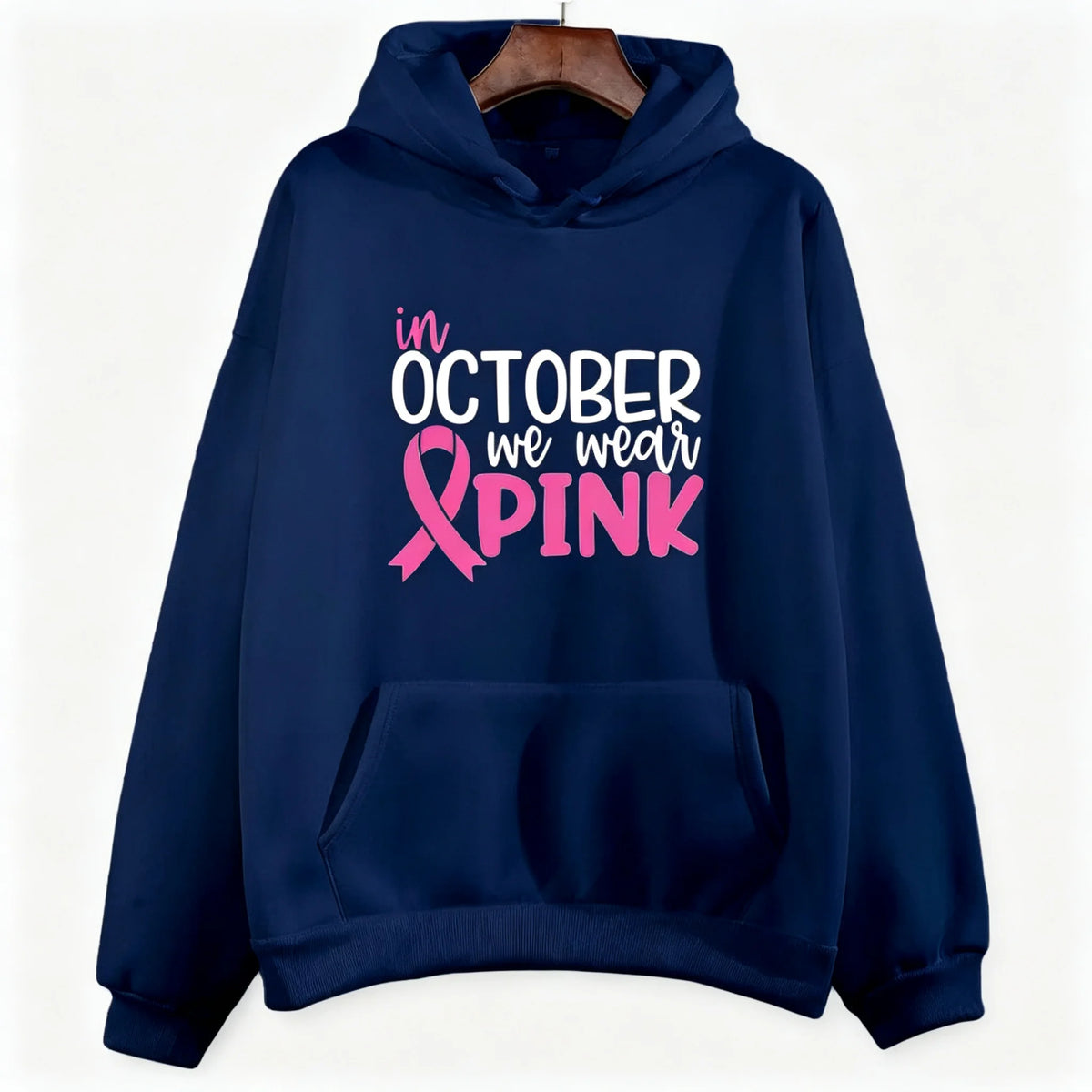 "In October We Wear Pink" Breast Cancer Awareness Long Sleeve Women's Hoodie Sweatshirt to 3X Plus Size
