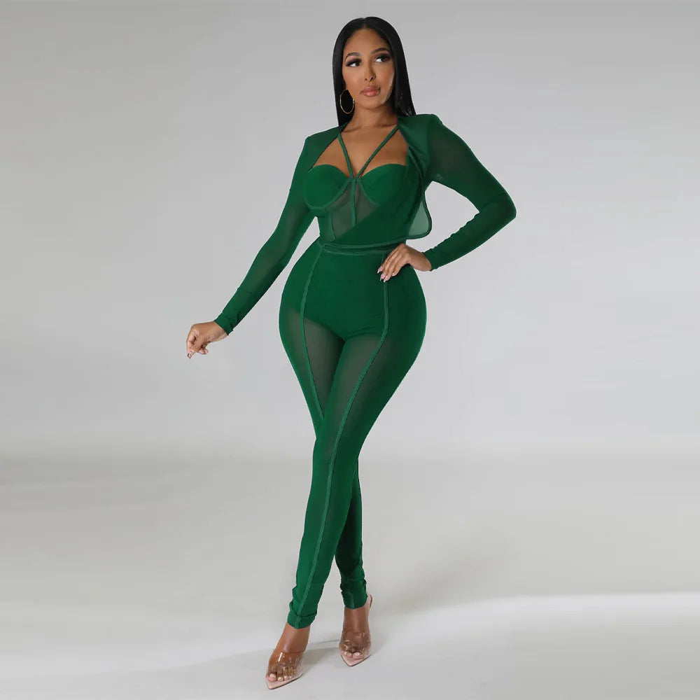 Sheer Transparent Corset Design Long Sleeve V-Neck Solid Color High Waist Jumpsuit