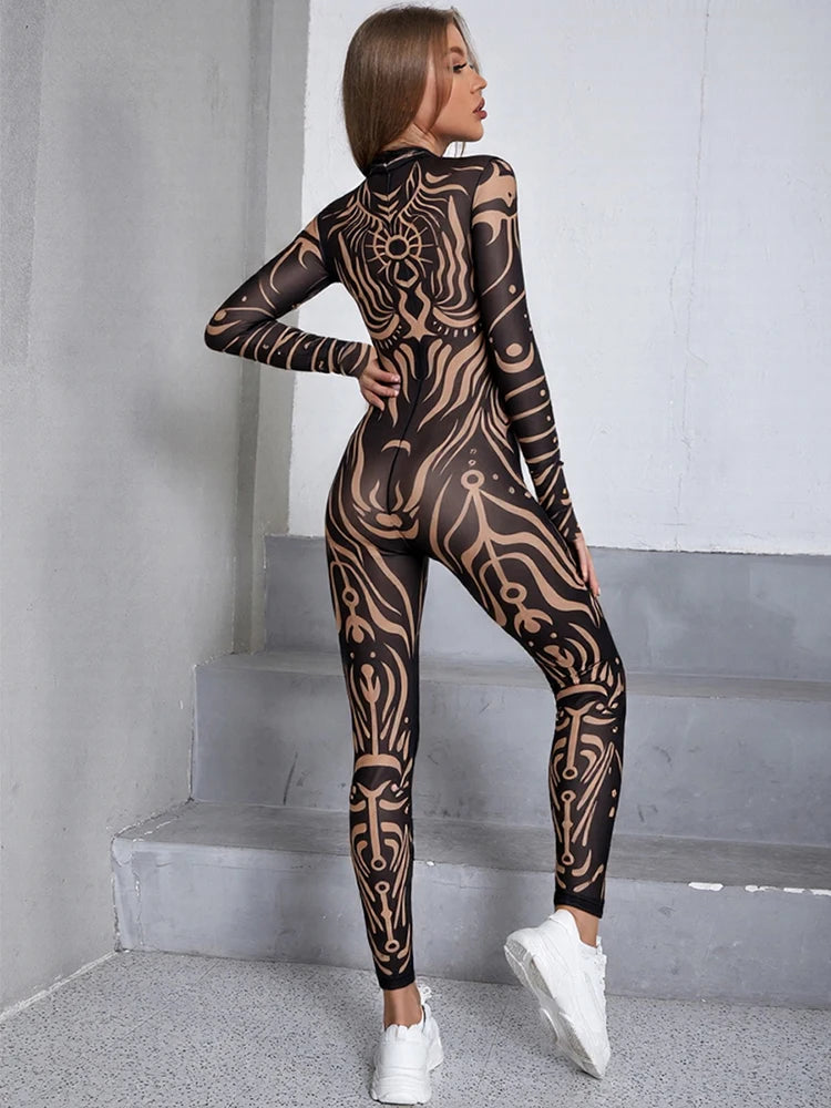 Black Sheer Turtleneck Long Sleeve Transparent Skin Tight Women's Jumpsuit