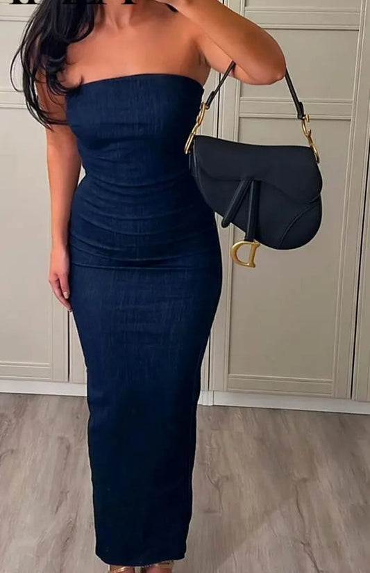 Denim Strapless Back Zipper High Slit Backless Maxi Dress