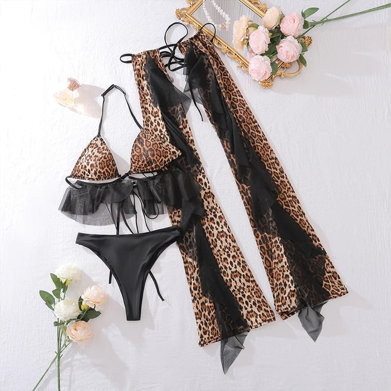 Sexy Leopard Print Mesh Transparent Ruffled Bikini Top, Bikini Bottoms, Tassel Fringe Leggings Women's 3-Piece Swimwear Set