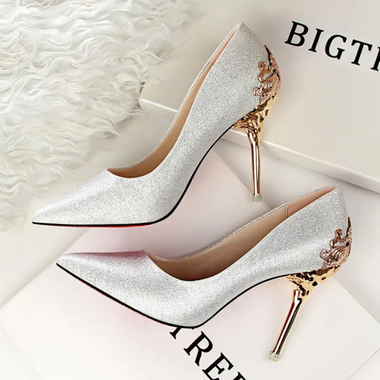 Suede Flock Frosted Metal Hollow  Pointed Toe 10CM High Stiletto Heel Pumps