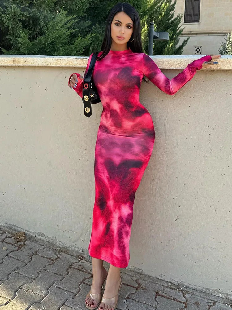 Tie-Dye Long Sleeve Skinny Fit Bodycon Maxi Dress