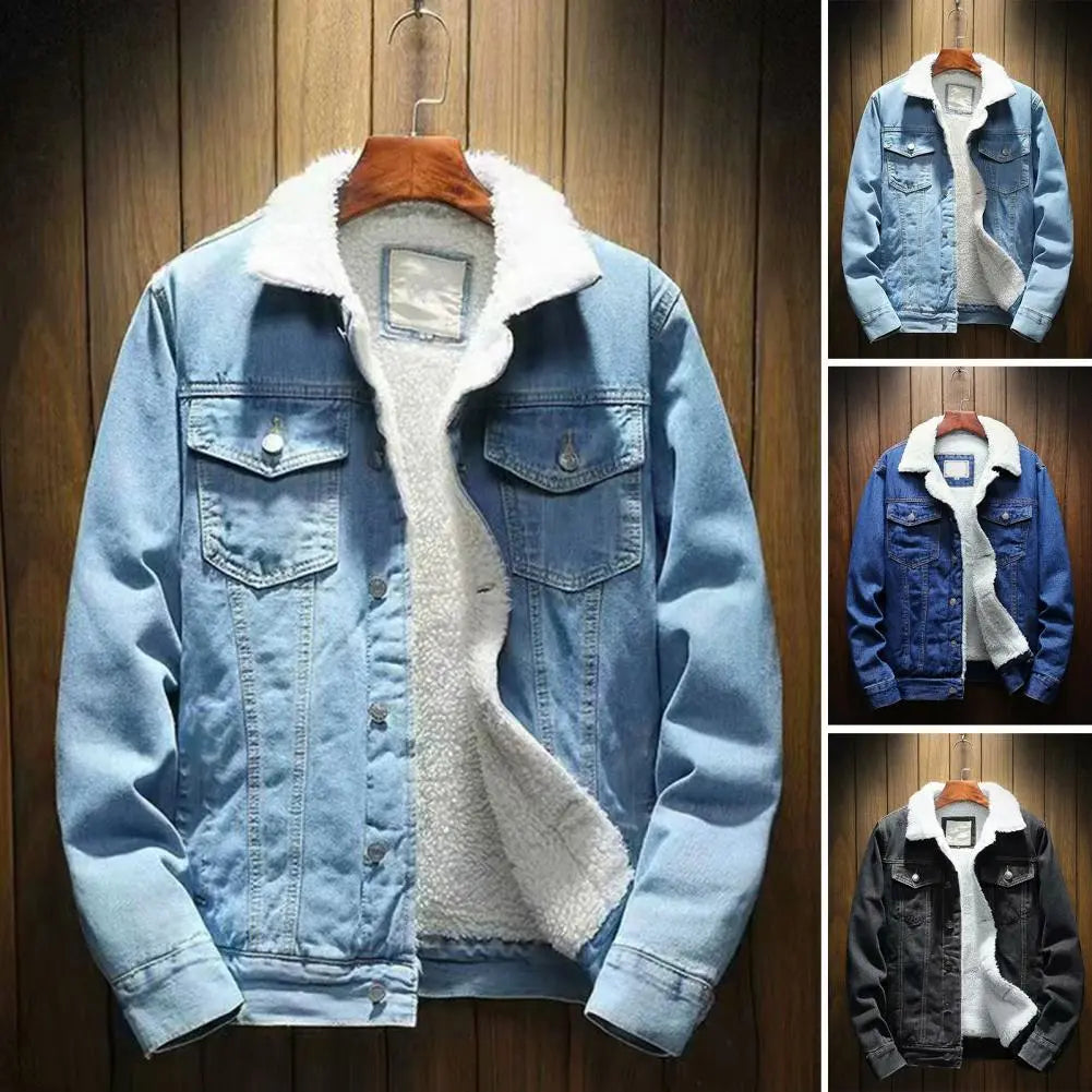 Men's Cashmere Lined Solid Single Breasted Denim Jean Jacket