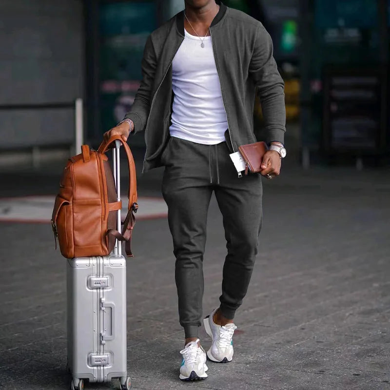 Men's O-Neck Colorblock Bomber Sweat Jacket + Drawstring Jogger Sweatpants Tracksuit