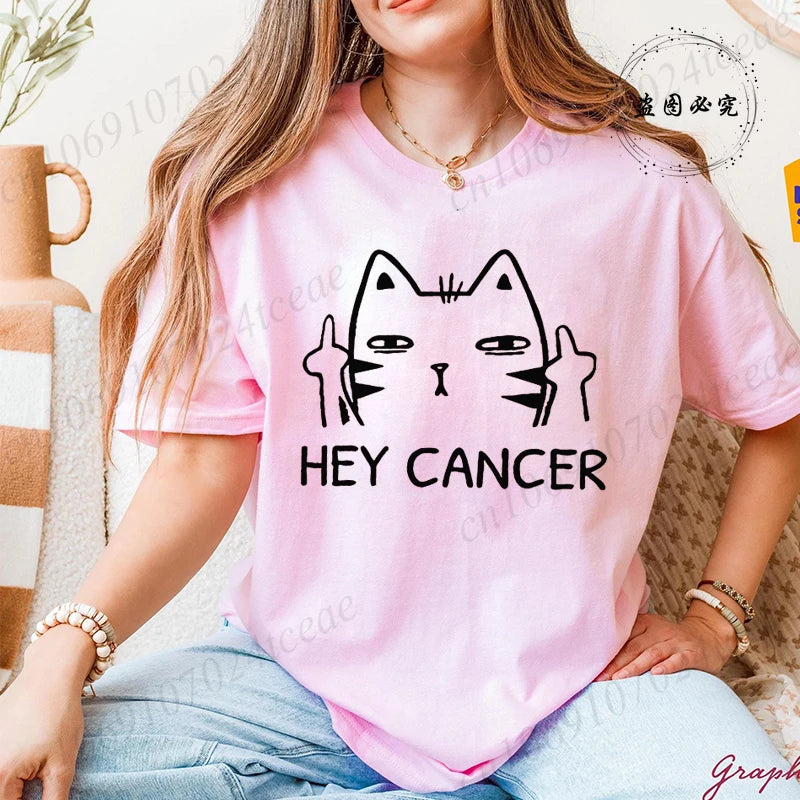 "Hey Cancer" 3D Cat Print Breast Cancer Awareness T-Shirt to 3X Plus Size