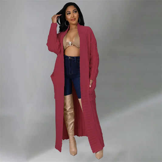 Knitted Weave Pattern Ribbed Maxi Cardigan Sweater