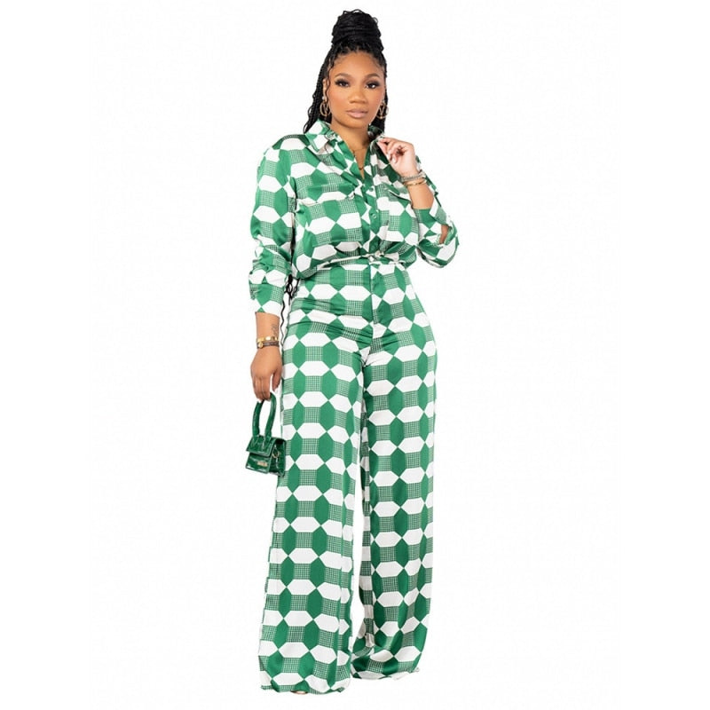 Checkered Plaid Print Long Sleeve Blouse + Matching Pants Women's Suit