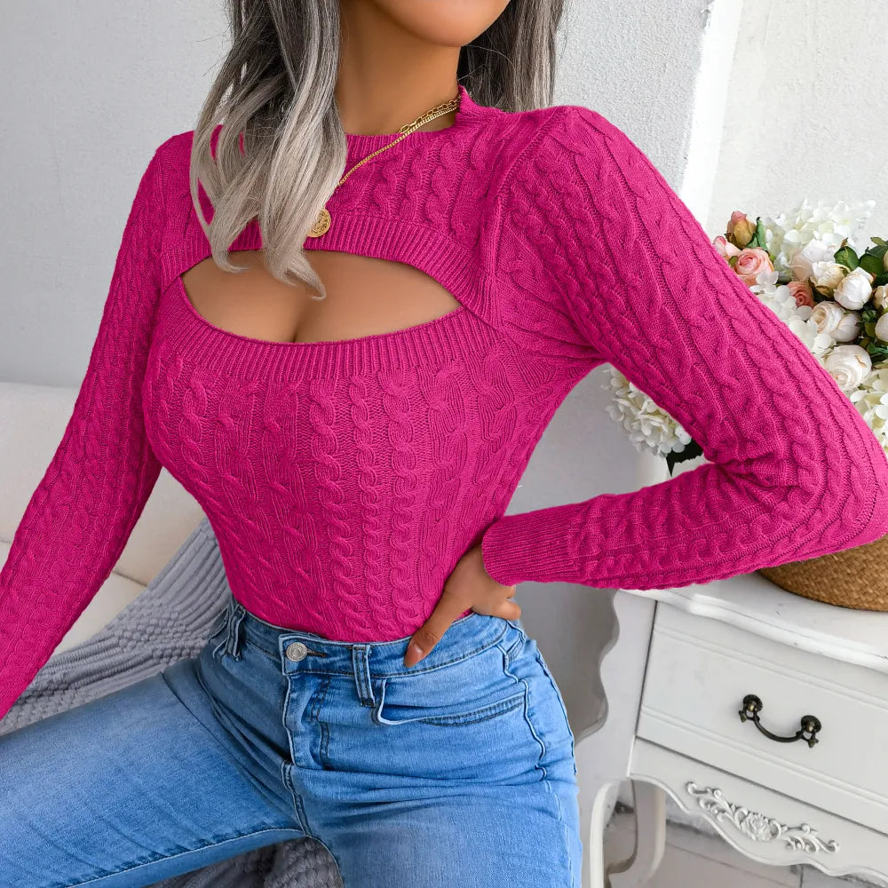 Hollow-Out Long Sleeve Knitted Pullover Ladies Sweater