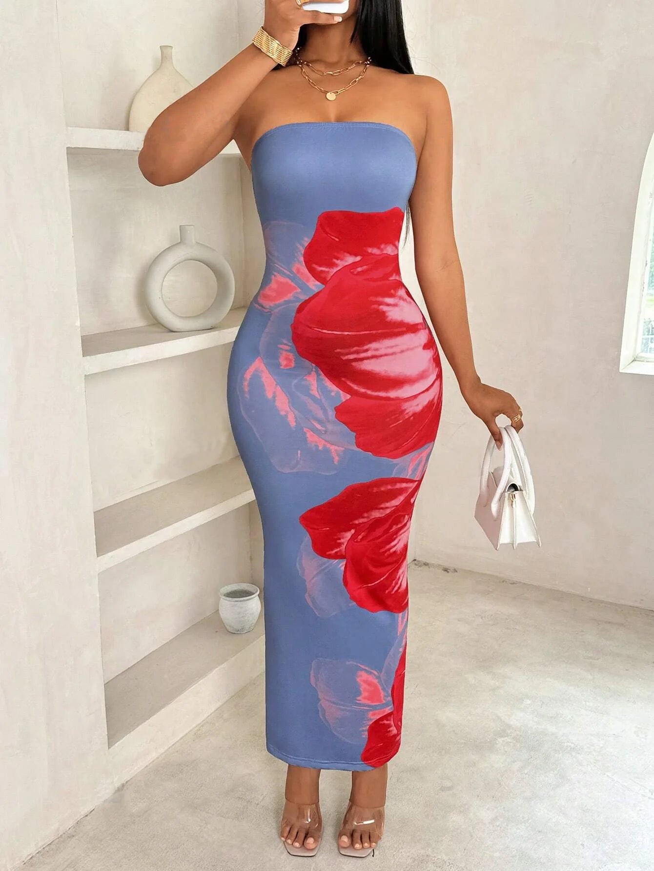 Sleeveless Big Flower Print Bodycon Skinny Maxi Tube Dress