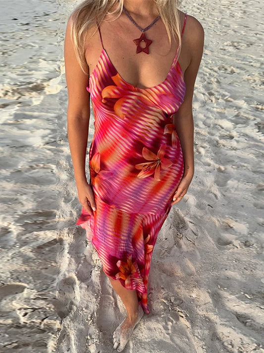 Floral Striped Print Backless Sleeveless Irregular Hem Ruffles Edge Spaghetti Strap Maxi Dress