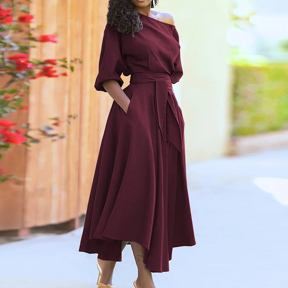 Slanted Neck 1/2 Sleeve Solid Color Sash Belted Flared Asymmetrical Dress