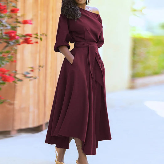 Slanted Neck 1/2 Sleeve Solid Color Sash Belted Flared Asymmetrical Dress