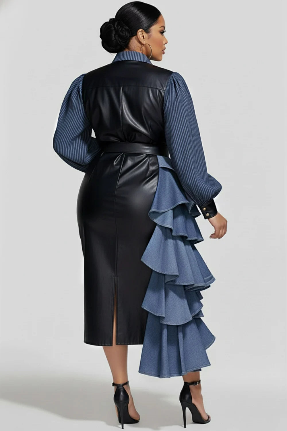 Irregular Black PU Leather Top Ruffled Blue Denim Pinstriped Turn-Down Collar Long Sleeve Formal Party Dress to 5X Plus Size