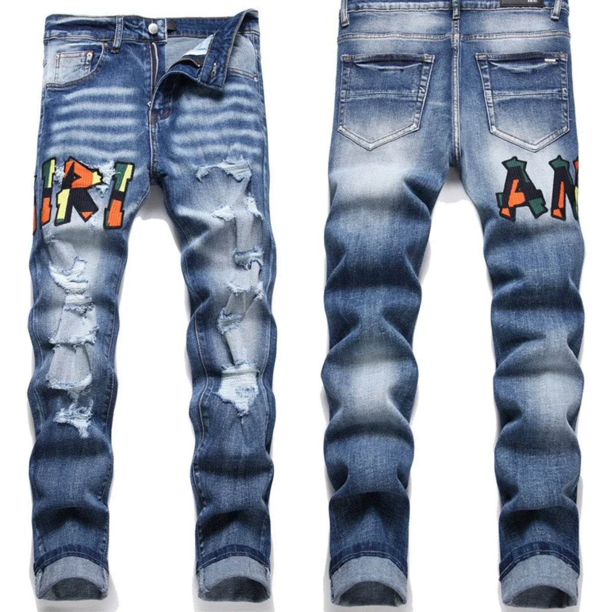 Men's Denim 3D Graffiti Paint Splash Design Washed Distressed  Embroidered  Stacked Ruched Skinny Jeans