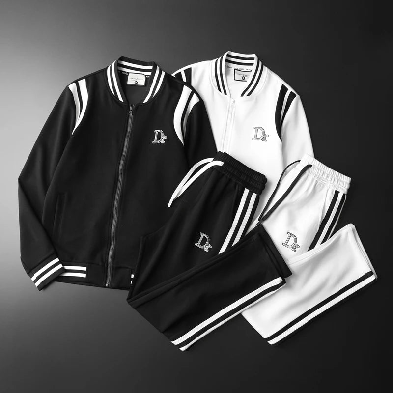 Men's Side Striped Embroidered Stand Collar Sports Bomber Jacket + Drawstring Sweatpants Skinny Tracksuit