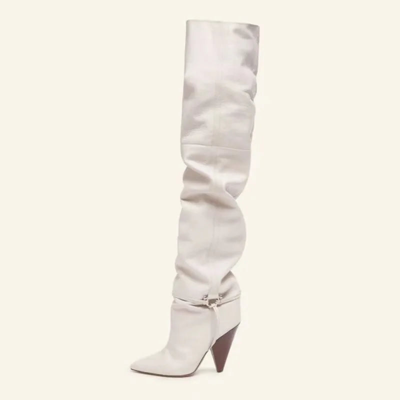 2024 Winter New Pointed Belt Buckle Conical Heel High Heel Over Knee Fashion Show Oversized Boots womens boots  womens shoes