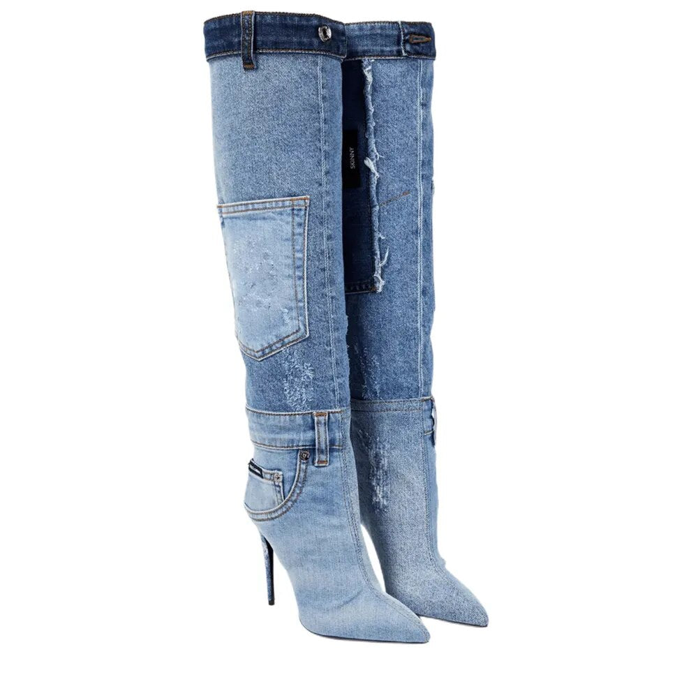 Camoflauge/Denim Over-the-Knee Pocket Pointed Toe Stiletto Boots