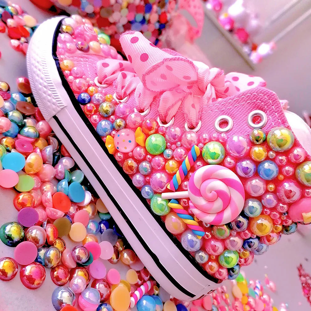 Embellished  Handmade Pearl Pink Rhinestone Bling Candy Canvas Women & Girl's Sneakers