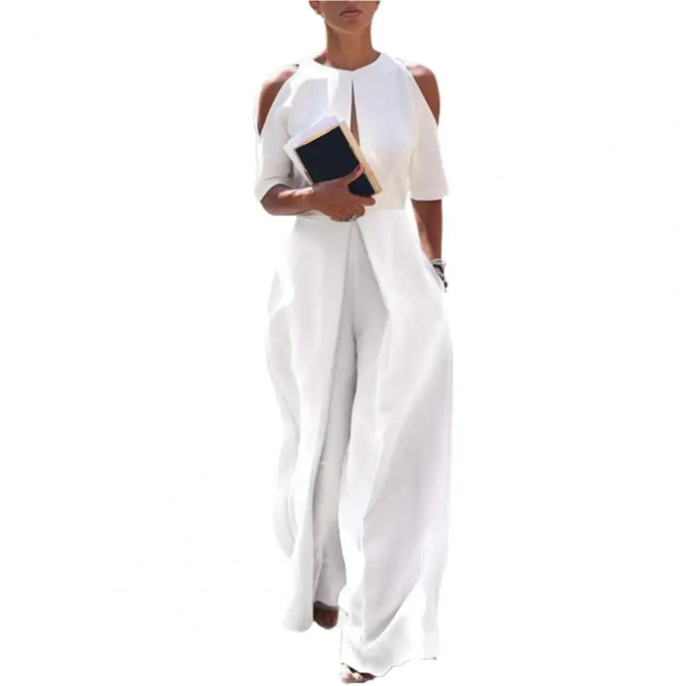 Open Slit Cold Shoulder Layered 1/2 Sleeve Hollow-Out Solid Color Women's Wide Leg Formal Party Jumpsuit